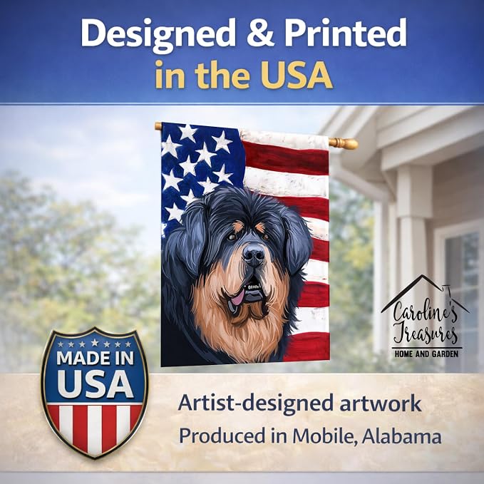 Caroline's Treasures CK6739CHF Tibetan Mastiff American Flag House Flag Large Porch Sleeve Pole Decorative Outside Yard Banner Artwork Wall Hanging, Polyester, House Size, Multicolor