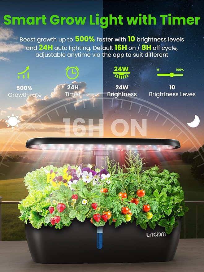 litokam Hydroponics Growing System Kit, 15-Pod Indoor Herb Garden Planter with 24W Grow Light & APP Control, Indoor Gardening System with 2 Grow Modes, Quiet Pump & 24H Timer
