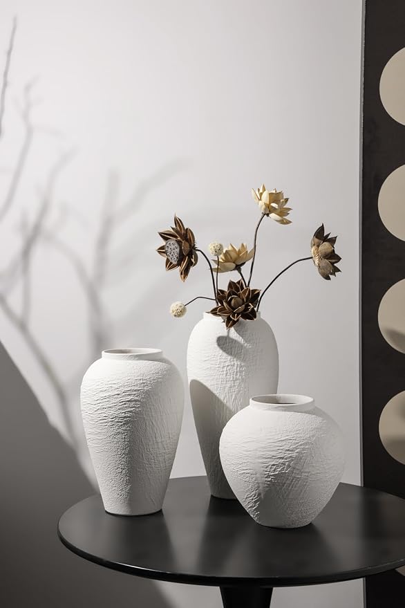 Vintage Ceramic Vase, Minimalist Texture Stone Patterned White Flower Vase, Decorative Vase for Living Room Shelf Farmhouse Dining Table Centerpiece Decor (White Texture Set of 3)