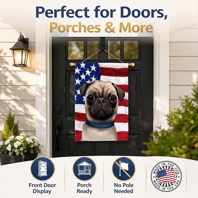 Caroline's Treasures CK6665CHF Pug Dog American Flag House Flag Large Porch Sleeve Pole Decorative Outside Yard Banner Artwork Wall Hanging, Polyester, House Size, Multicolor