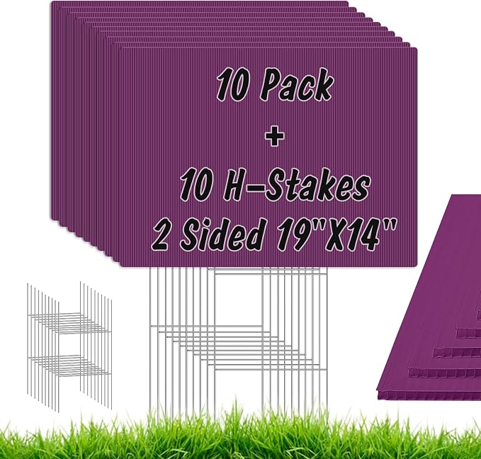 IKAYAS 10 Pack Blank Yard Signs with Stakes, 19 x 14 Inches Purple Garden Yard Signs Yard Sale Signs Corrugated Plastic Signs for Party Decorations,Garage Sale, Guidepost, Open House