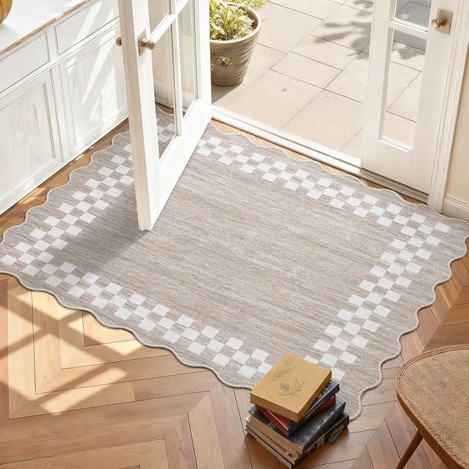 Small Area Rug 2x3 Modern Checkered Entry Rug Solid Color Scalloped Kitchen Rugs Washable Bedroom Doormat Non Slip Stain Resistant Bordered Throw Carpet for Living Room Nursery Laundry, Fog