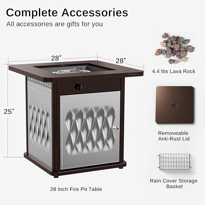 EAST OAK 28'' Stainless Steels Fire Pits Table, 50,000 BTU Upgraded Steel Gas FirePit for Outdoor, Outside Patio, CSA Certified Fire Table with Magnetic Lid, Cover-Storage Basket and Lava Rock, Brown