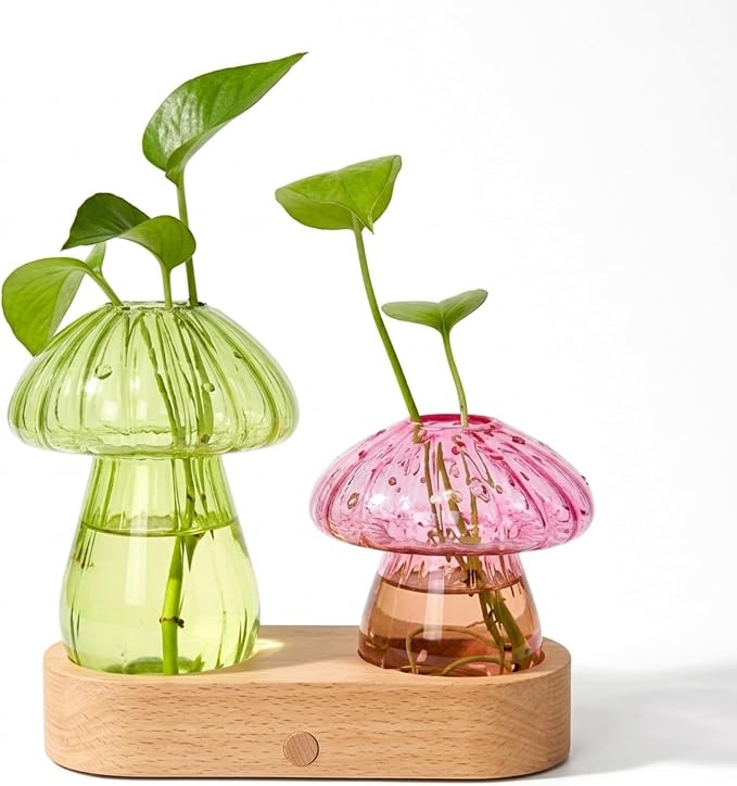 LED Mushroom Glass Propagation Vase with Wooden Base, Hydroponic Plant Holder, Ambient Night Light for Desk, Bedroom & Living Room, Cute Home Decor Gift for Plant Lovers