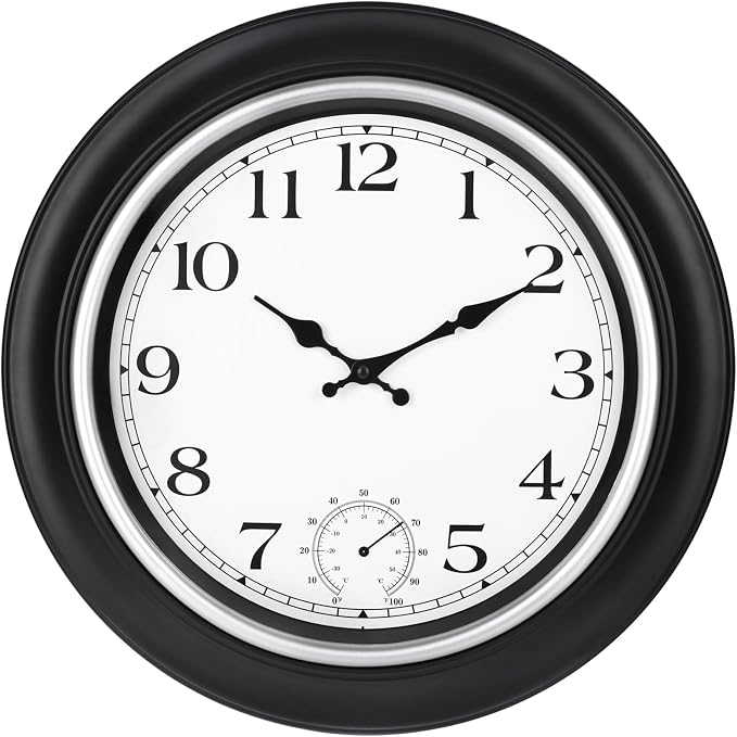 JoFomp Large Waterproof Outdoor Clock with Thermometer Combo - 18 inch Silent Non Ticking Quartz Battery Operated Wall Clock for Patio, Home, Pool, Garden, Porch, Deck (Silver, 18 Inch)