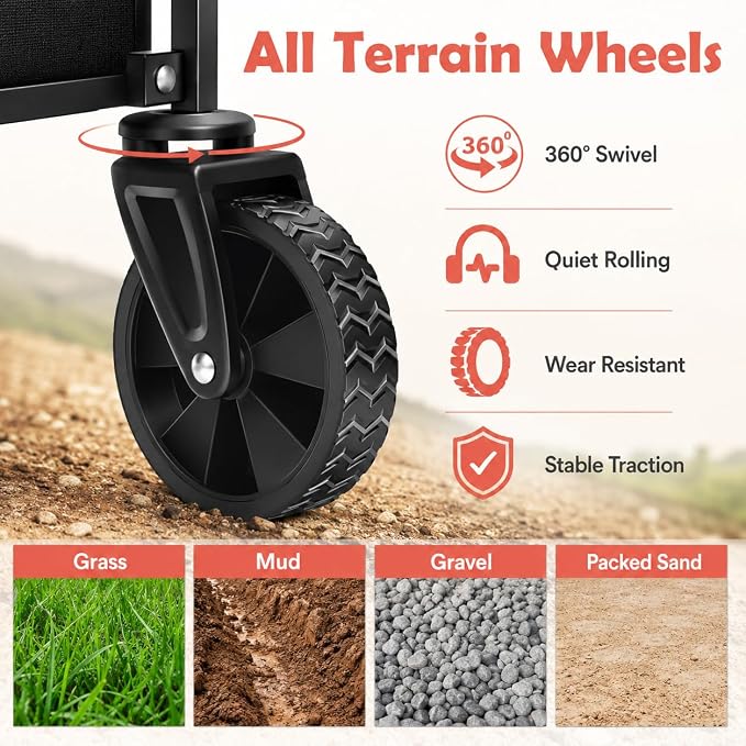 Collapsible Wagon Cart with Wheels, Compact 360 lb Folding Utility Wagon | 120L compact wagon with 360 lb support, 11 lb lightweight design, adjustable handle, 2 cup holders and all-terrain wheels