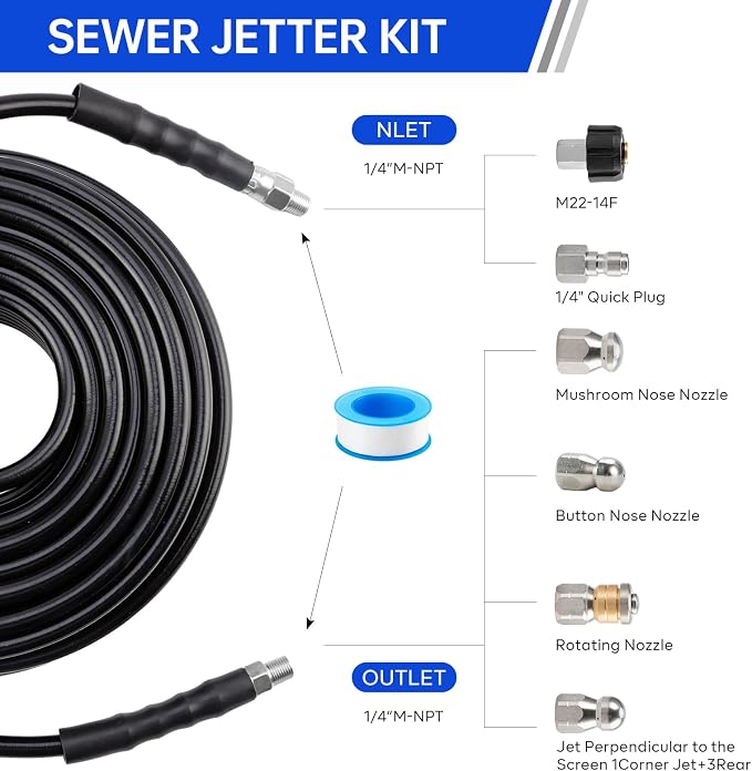 Sewer Jetter Kit 50FT for Pressure Washer, Pressure Washer Drain Jetter with 5800PSI Cleaner Hose 1/4 Inch NPT, Corner, Rotating & Button Nose Sewer Jetting Nozzle Spanner Waterproof Tape Pearl Pin