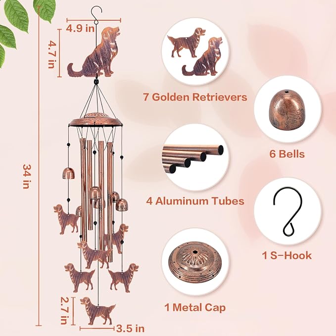 Golden Retriever Dog Wind Chimes for Outside,Dog Gifts for Women Men/Memorial Gift/Birthday Gifts Metal windchimes Outdoors/Indoors,Garden Decor,Patio,Porch,Yard Decorations