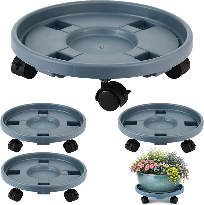 4-pack 16" Extra-large Plant Caddy with Wheels Plastic Plant Dolly with Locking Caster Flower Pot Mover Rollers Wheeled Rolling Plant Stands Round Plant Saucer Indoor Outdoor Base Coasters Gray