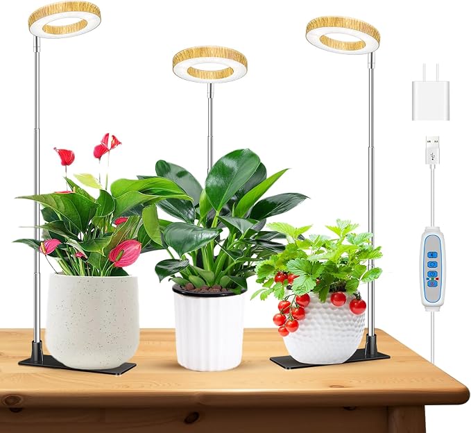 Kullinss Grow Light, 48 LEDs Full Spectrum Plant Lights for Indoor Growing with Base, Wood Grain Small Plant Growing Lamp with 6/12/16H Timer, 3 Color Modes, 5 Brightness, 6.5"-26" Height Adjustable