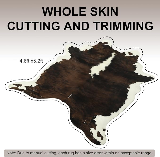 BENRON Faux Cowhide Rug, Cow Print Rug for Living Room Bedroom 4.6x5.2ft | Western cow hide rug for Cowboy Cowgirl Home Decor, Washable Rugs with Irregular Animal Skins and Hides Non Slip, Brown