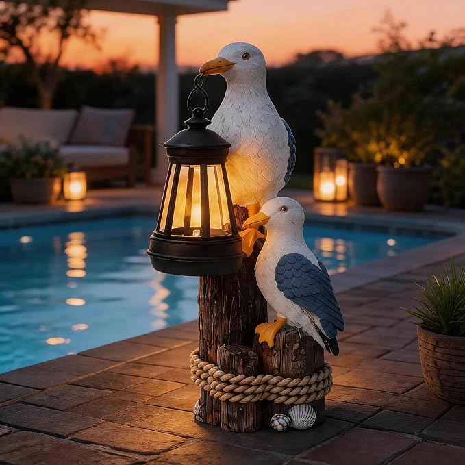 Seagull Solar Garden Outdoor Decor Statues with LED Lantern, Hand Painted Resin Animal Figurine Lights for Beach Pool Coastal Patio Lawn Yard Pathway, Unique Nautical Gifts For Women Mom Grandma