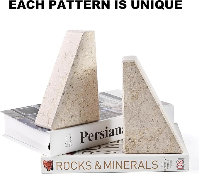 Karibiber Marble Bookends for Heavy Books, Decorative Book Ends for Shelves, Beige Stone Durable and Heavy-Duty Book Ends for Hardback Books & CDS, Unique Book Stopper & Holder, Set of 2