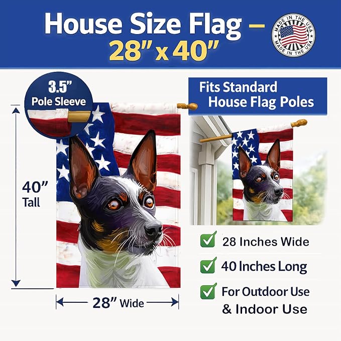 Caroline's Treasures CK6737CHF Tenterfield Terrier American Flag House Flag Large Porch Sleeve Pole Decorative Outside Yard Banner Artwork Wall Hanging, Polyester, House Size, Multicolor