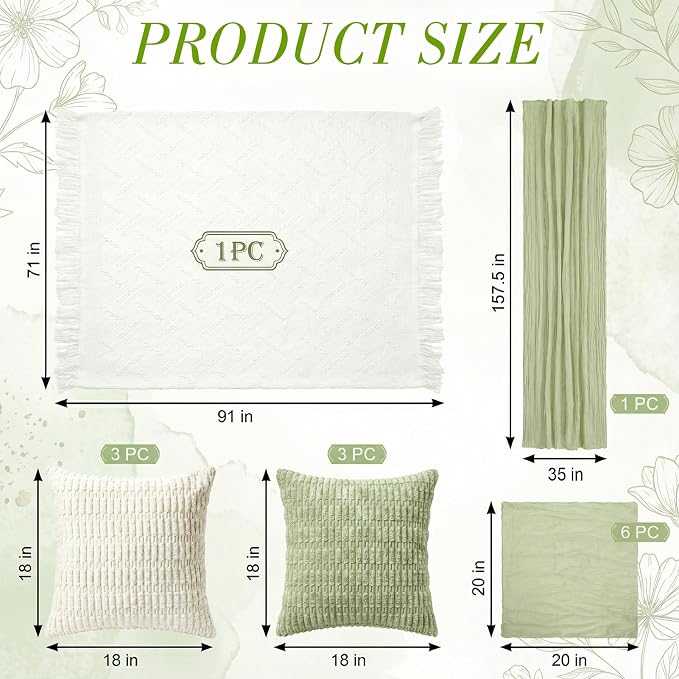 91 x 71 Extra Large Outdoor Boho White Picnic Blanket with Green Table Runner, 6 Napkins and 6 Throw Pillow Covers Table Decor for Beach Picnic Camp Wedding Party Birthday Baby Shower