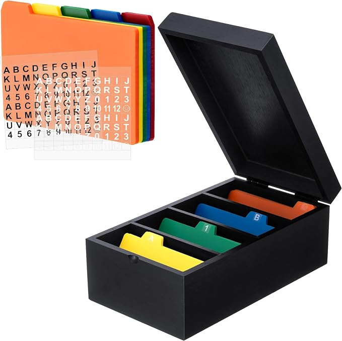 Henoyso 3 x 5 Inch Index Card Holder Set, Bamboo Organizer Box with 50 Dividers & 2 Sheets Alphabet Number Stickers File Note Holders, Holds 1200 Cards for Office Business Home Kitchen, Black