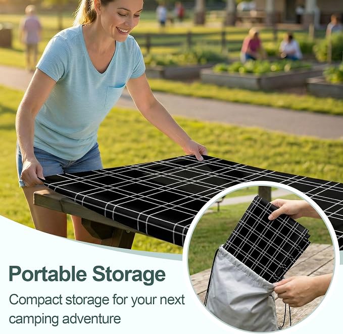 Play Tailor Picnic Table Cover with Bench Covers Camping Essentials Waterproof Windproof Camping Tablecloth with Drawstring Bag, Fitted Rectangle Tables and Seats, 96in, Black Checkered