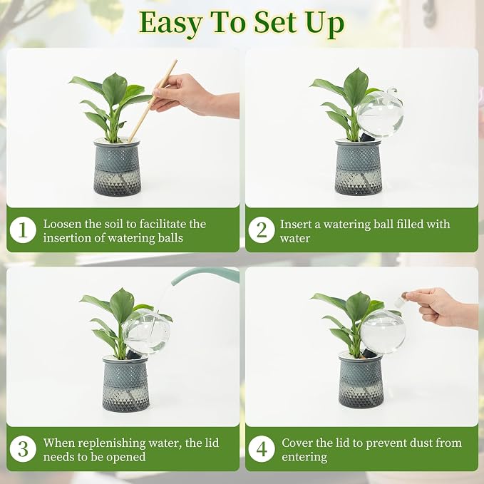 8pcs Plant Self Watering Globes with Covers, Plastic Water Bulbs Top Fill, Plant Watering Devices System Slow Release Terracotta, Water Spikes Stakes for Indoor