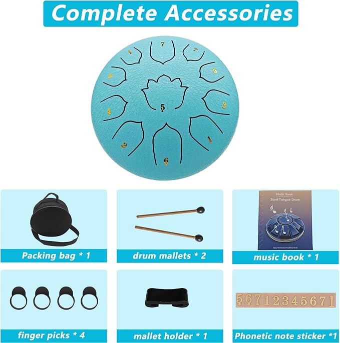 Rain Drum for Outside Garden, 8-Inch Steel Tongue Drum with 11 Notes, Percussion Instrument, Includes Packing Bag, Music Book, and Mallets, Ideal for Meditation, Yoga, and Relaxation