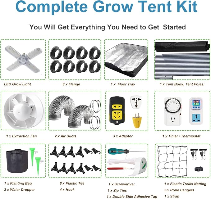 Grow Tent Kit Complete 4x4 ft High Reflective Mylar Indoor Grow Tent Hydroponics Indoor Plant Growing Tent Room Full Spectrum LED Grow Light Ventilaion Fan Growing System+Accesseries (48" x 48" x 80")