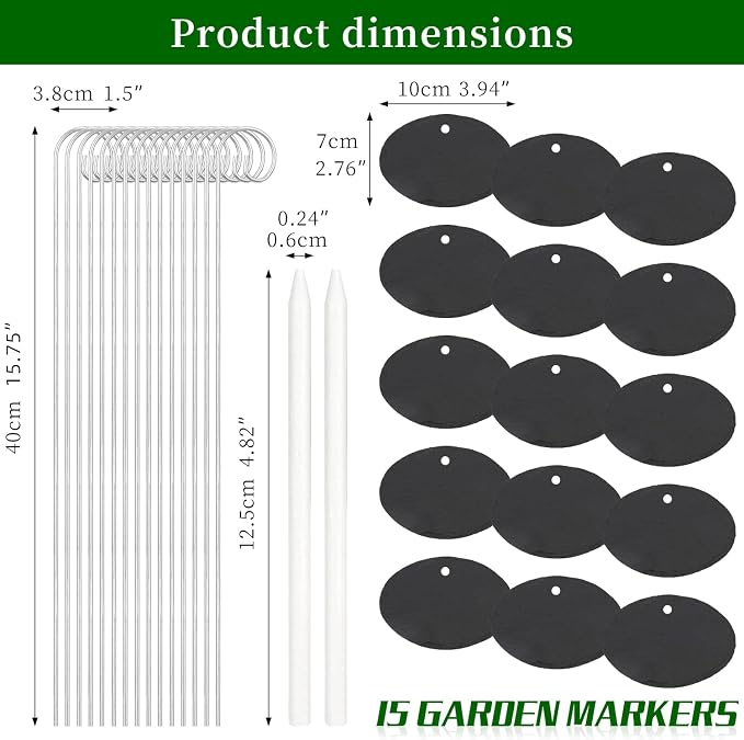 15 Pcs Slate Plant Labels with Chalk Pencils Outdoor Garden Marker Label Signs with Stakes for Plants, Vegetables, Herb, Flowers (Oval)