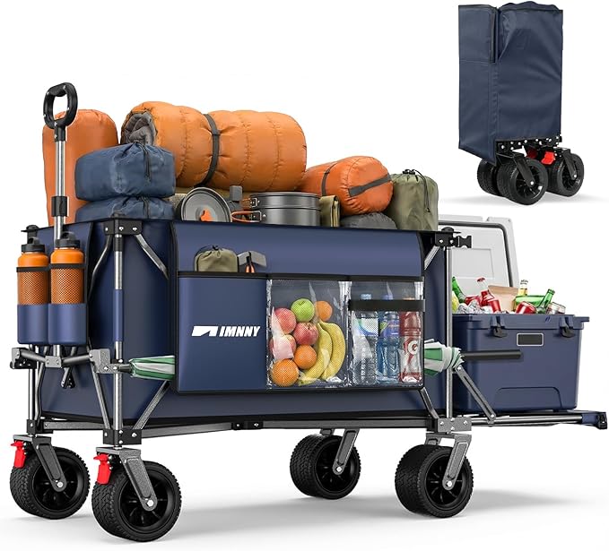 Collapsible Wagon with Tailgate, 55" Expandable 300L All-Terrain | 500 Lbs Heavy Duty, Utility Folding Wagon, 7"×4" Wheel, 360° Swivel & Brakes, Long Item Storage,Beach, Camping, Gardening