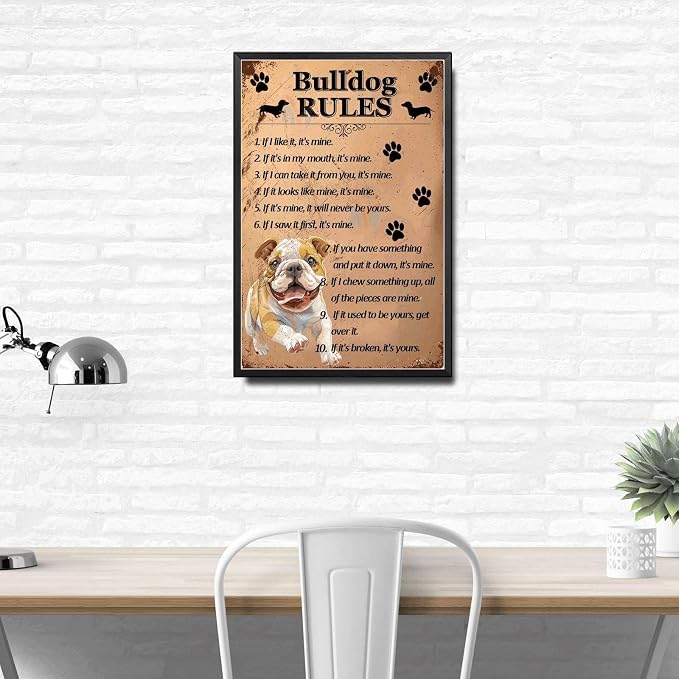 Metal Sign Tin Sign Vintage Wall Art Bulldog Rules Tin Sign for Pub 8×12 Inches with Metal Frame