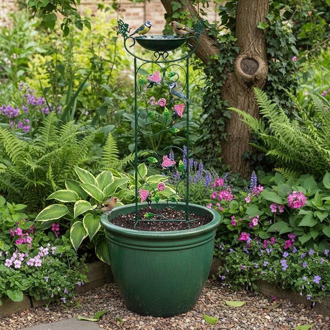 HONGLAND 36.5" Metal Bird Bath with Trellis, Outdoor Garden Birdbath with Detachable Bowl & Climbing Plant Support, Decorative Bird Feeder Station with Fairy for Yard, Patio, Fence