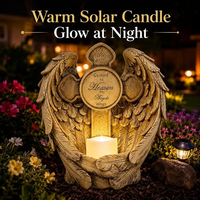 Solar Angel Wings Memorial Statue with LED Candle & Cross, Weather-Resistant Resin Grave Decorations for Cemetery, Sympathy Bereavement Gifts for Loss of Loved One