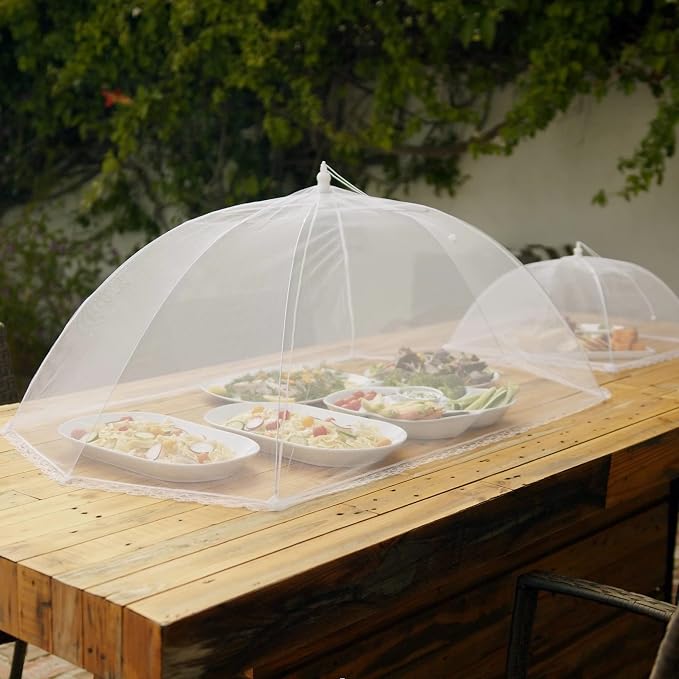 Simply Genius Mesh Food Covers for Outdoors - 2 Jumbo (39x24 in) & 4 Large (17x17 in), White Collapsible 6-Pack - Pop-Up Reusable Food Nets & Tents for Outdoor Serving & Picnics with Bug Protection