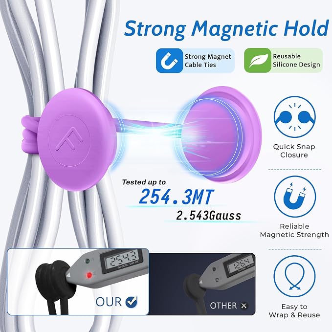 COOLMI Magnetic Cable Ties 8 Pack, 6.88 Inch Reusable Silicone Cord Organizer Wraps, Strong Magnet Cable Management Straps for Charging Cords, USB Cables, Earbuds, Desk, Travel, Assorted Colors