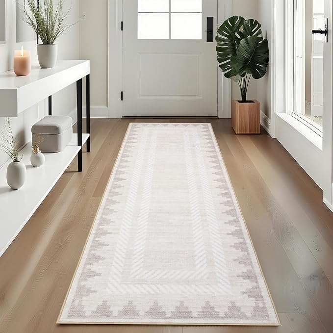 GarveeHome Modern Runner Rug 2x6 Washable Hallway Runner Rugs Bathroom Rug Cream Unique Bordered Neutral Accent Rug Non Slip,Non Shedding Low Pile Kitchen Mat,Soft Low Pile Neutral Carpet for Laundry