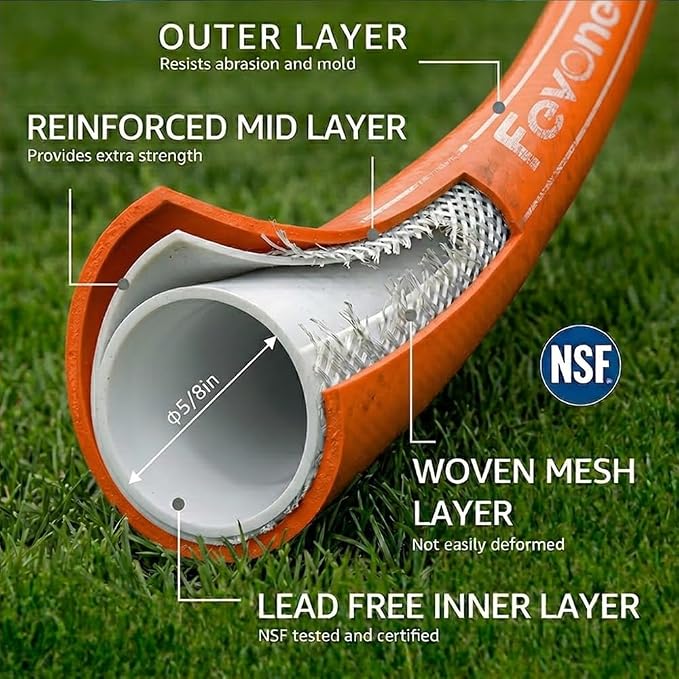 FEVONE Heavy Duty Garden Hose 100 ft, Spray Nozzle Included | Flexible Water Hose, Leak-Free, Lightweight Hybrid Polymer, 5/8 ID, 600 PSI, 3/4 GHT Aluminum Fittings with Swivel Handles