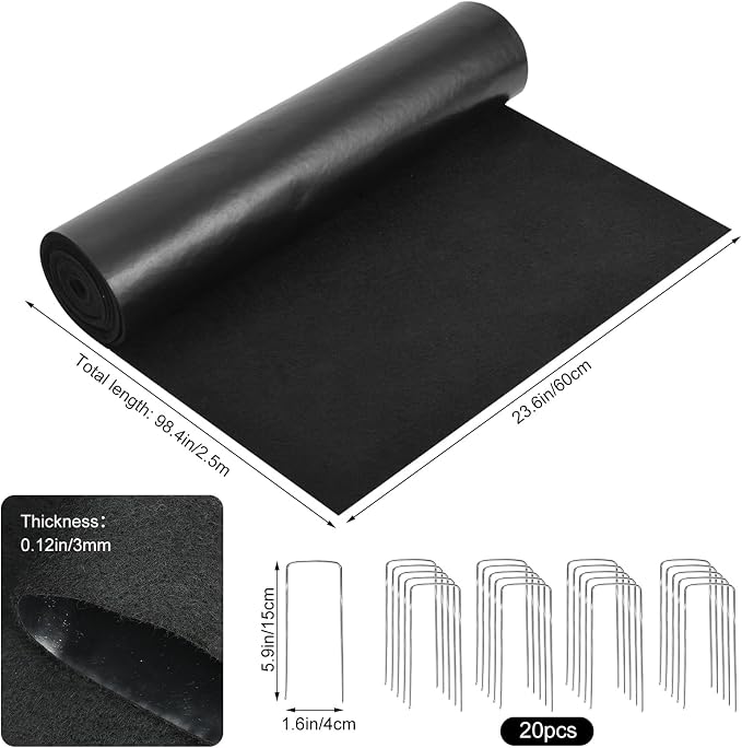 Recycled Felt Mulch Mat, 2'x 8.2' Reusable Fabric Walkway Mat Mulch Pathway Durable Landscaping Mat with 20 Ground Stakes for Plant Vegetables Flower Garden Weed Barrier