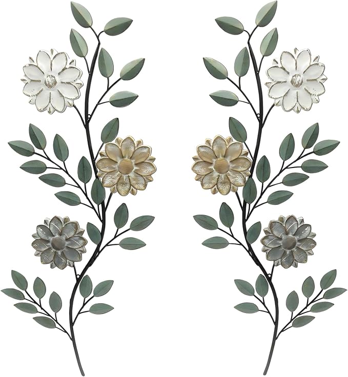 2 Pcs Metal Flower Leaves Wall Art Spring Wall Decor Living Room, 15.75 Inch Vintage Rustic Branch Leaf Wrought Iron Scroll Art Decor for Summer Bedroom Indoor Outdoor Decorations(Green)