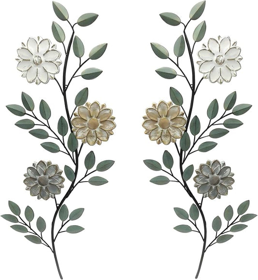 2 Pcs Metal Flower Leaves Wall Art Spring Wall Decor Living Room, 15.75 Inch Vintage Rustic Branch Leaf Wrought Iron Scroll Art Decor for Summer Bedroom Indoor Outdoor Decorations(Green)