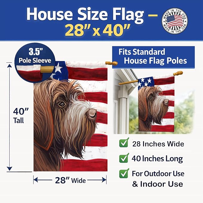 Caroline's Treasures CK6757CHF Wirehaired Pointing Griffon American Flag House Flag Large Porch Sleeve Pole Decorative Outside Yard Banner Artwork Wall Hanging, Polyester, House Size, Multicolor