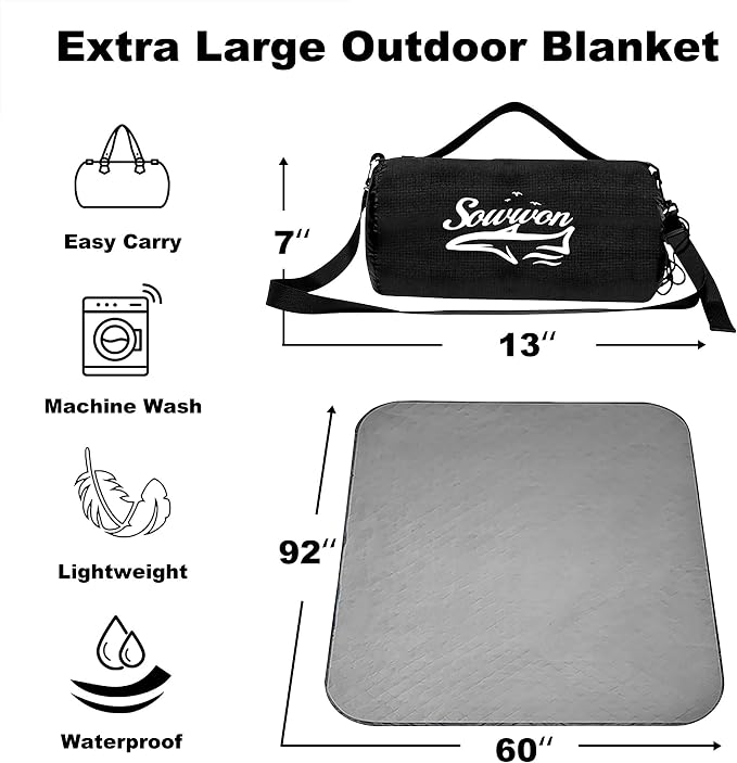 Waterproof Outdoor Blanket 92"x60" Large Quilted Fleece 300GSM Black | Stadium Blankets for Camping, Packable, Windproof Emergency Throw for Grass Picnic Hiking Road Trip, Machine Washable