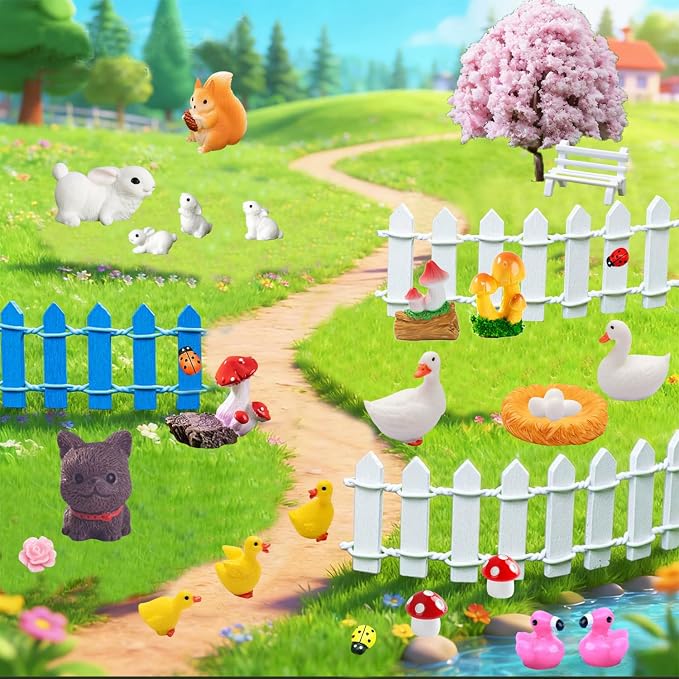 U-Zimikee 100 Pcs Mini Fairy Garden Accessories - Miniature Landscape Decorations with Bridge Pond House Gnome Figurines Mini Resin Animals Miniature Garden Figures Bulk for Dollhouse Garden Craft