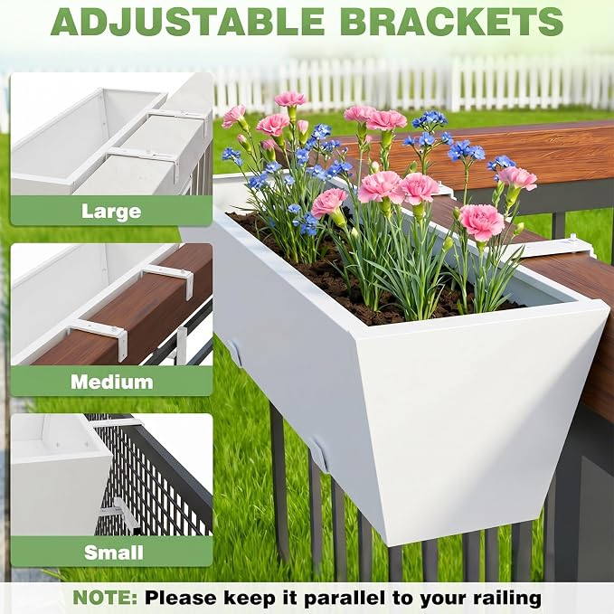 Railing Planter for Outdoor Plants 36'' Metal Hanging Flower Pot with Adjustable Brackets & Drainage Railing Planter Box Countryside Flower Plant Holder for Garden Yard Patio Balcony Deck Decor White