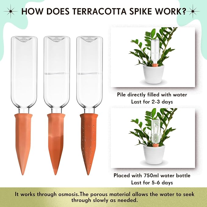 Ziliny 6 Sets Plant Watering Devices 6 Pcs Self Watering Spikes 6 Pcs 25 oz Plastic Bottles Slow Release Automatic Waterer Empty Liquor Bottles Terracotta Spikes for Vacation Plant (Ceramic Color)
