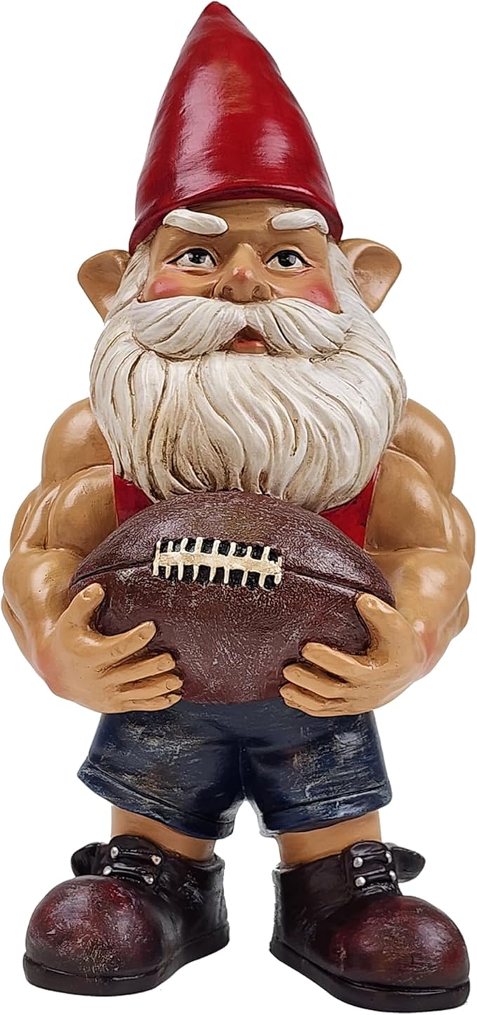 Better Office Products Garden Gnome Statue, 12" Height, Handcrafted Waterproof, UV-Resistant Polyresin Lawn Patio Porch Ornament Decoration (Muscled Football Player with Glowing Solar Light)