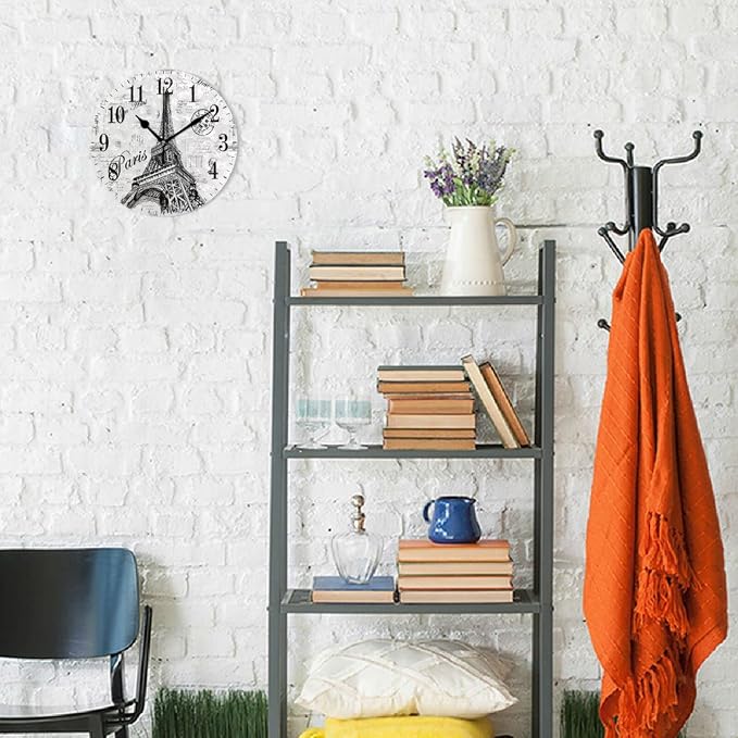 Paris Eiffel Tower Wall Clock, Silent Non Ticking 10 Inch Battery Operated Wall Clocks, Easy to Read Clock for Home Kitchen Living Room Bathroom Office Decor