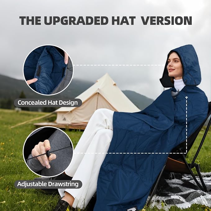 Large Waterproof Outdoor Blanket Thick Fleece 80" x 58" | Windproof Stadium Blanket, Wearable Poncho, Machine Washable for Camping, Car, Pet, Picnics - Deep Blue Hooded