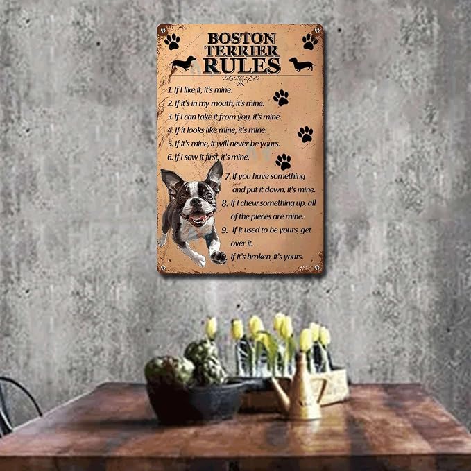 Metal Sign Tin Sign Vintage Wall Art Boston Terrier Rules Bar Signs for Home Bar for Bar 12×16 Inches