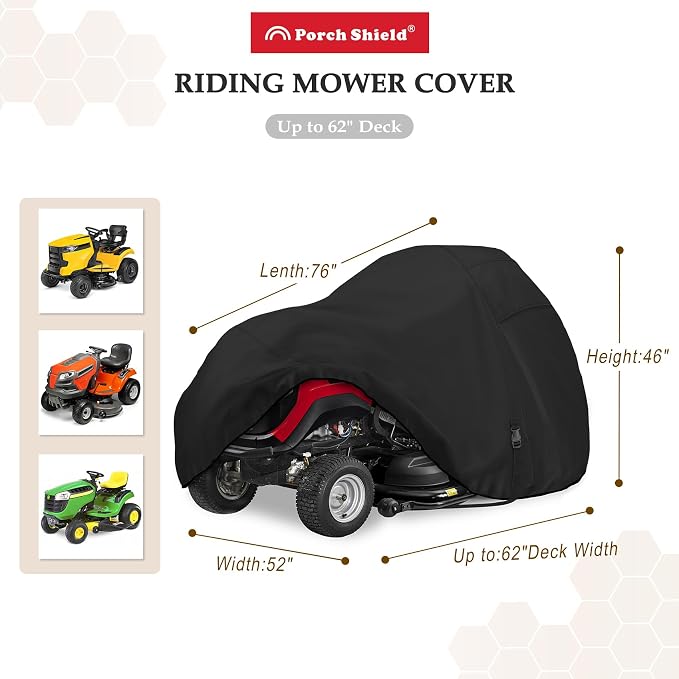 Porch Shield Heavy Duty 600D Polyester Lawn Tractor Cover Waterproof Universal Riding Lawn Mower Cover (Up to 62" decks, Black)