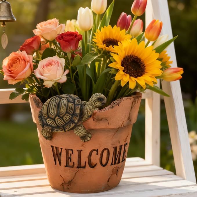 Rustic Turtle Welcome Wall Planter Pot Resin Clay Look Cute Planters for Indoor Outdoor Dry & Artificial Flowers Planters for Porch Garden Pots Gift for Garden Lovers
