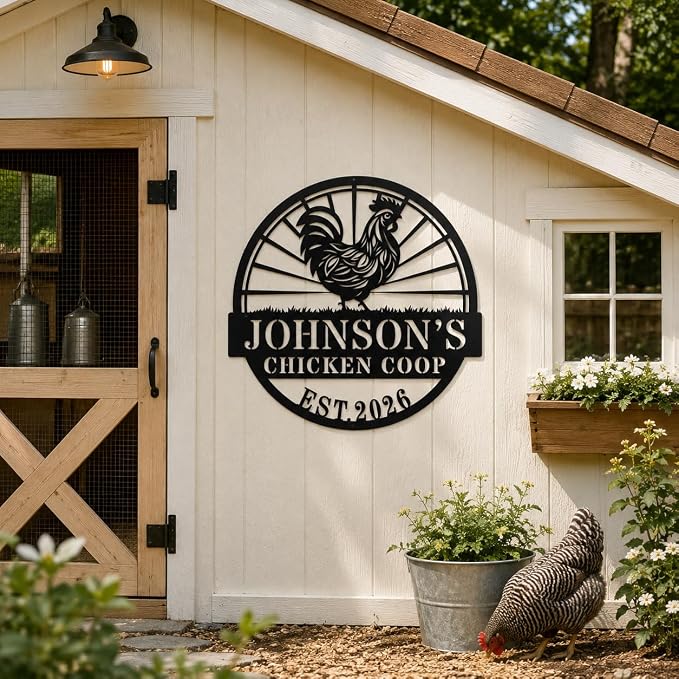 Personalized Chicken Coop Metal Sign Custom Farmhouse Name Plaque with Rooster Sunburst, Outdoor Hen House Wall Decor for Backyard Farmers and Chicken Lovers