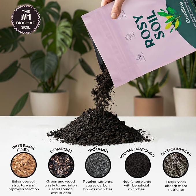 Rosy Soil Seedling Seed Starter Soil Mix, Organic, Peat-Free, 4 Quarts | Worm Castings, Biochar and Mycorrhizae Blend, For Seed Germination, Microgreens, Propagation, Herbs, Vegetables, Flowers
