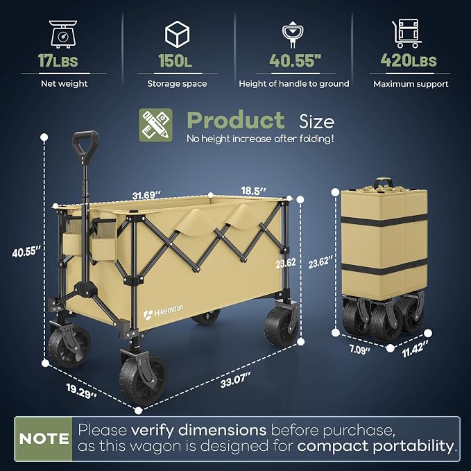 Hikemoon 150L Collapsible Wagons Carts Foldable, 360LBS Heavy Duty Folding Beach Cart with Big All-Terrain Wheels, Portable Utility Wagon for Grocery, Shopping, Garden, Sports, Khaki
